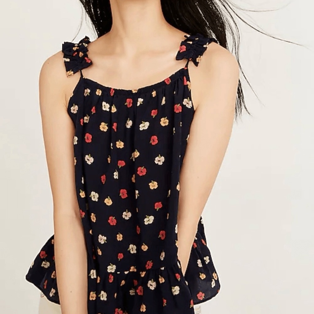 Madewell Silk Ruffle-Strap Cami Sz 00‎ Confetti Floral Black Sleeveless Blouse